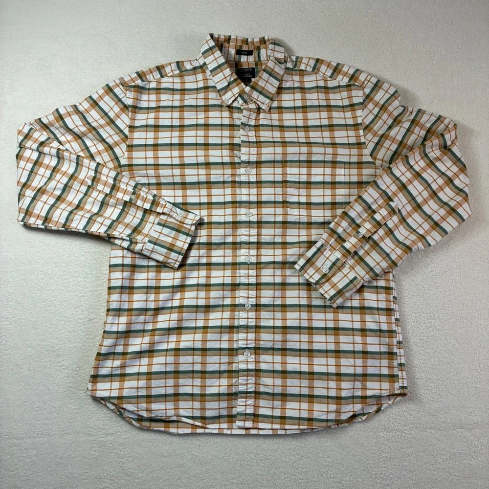 J Crew Slim Fit Plaid Button Down Shirt Men's‎ Large Orange Green White Oxford